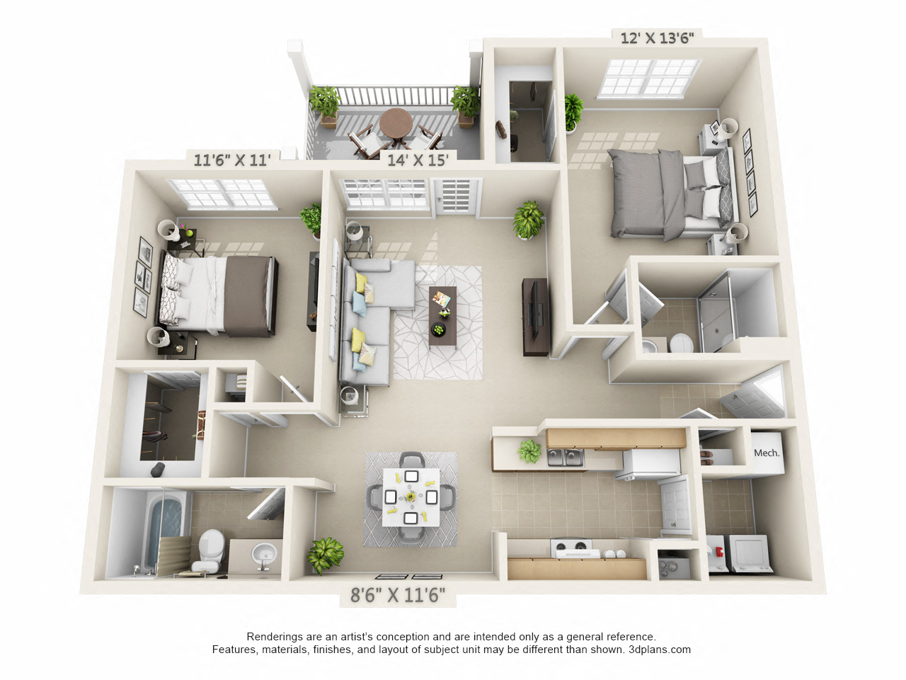 This is a 3D floor plan of a 1056 square foot 2 bedroom Gainsway at Trails of Saddlebrook Apartments in Florence, KY.